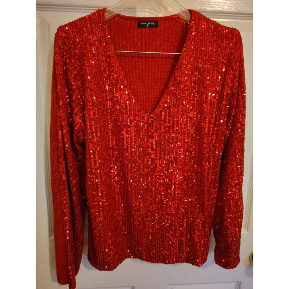 Momo Jimmy Red Knit Pullover Sweater V-Neck Lightweight Sequin Long Sleeve XL
